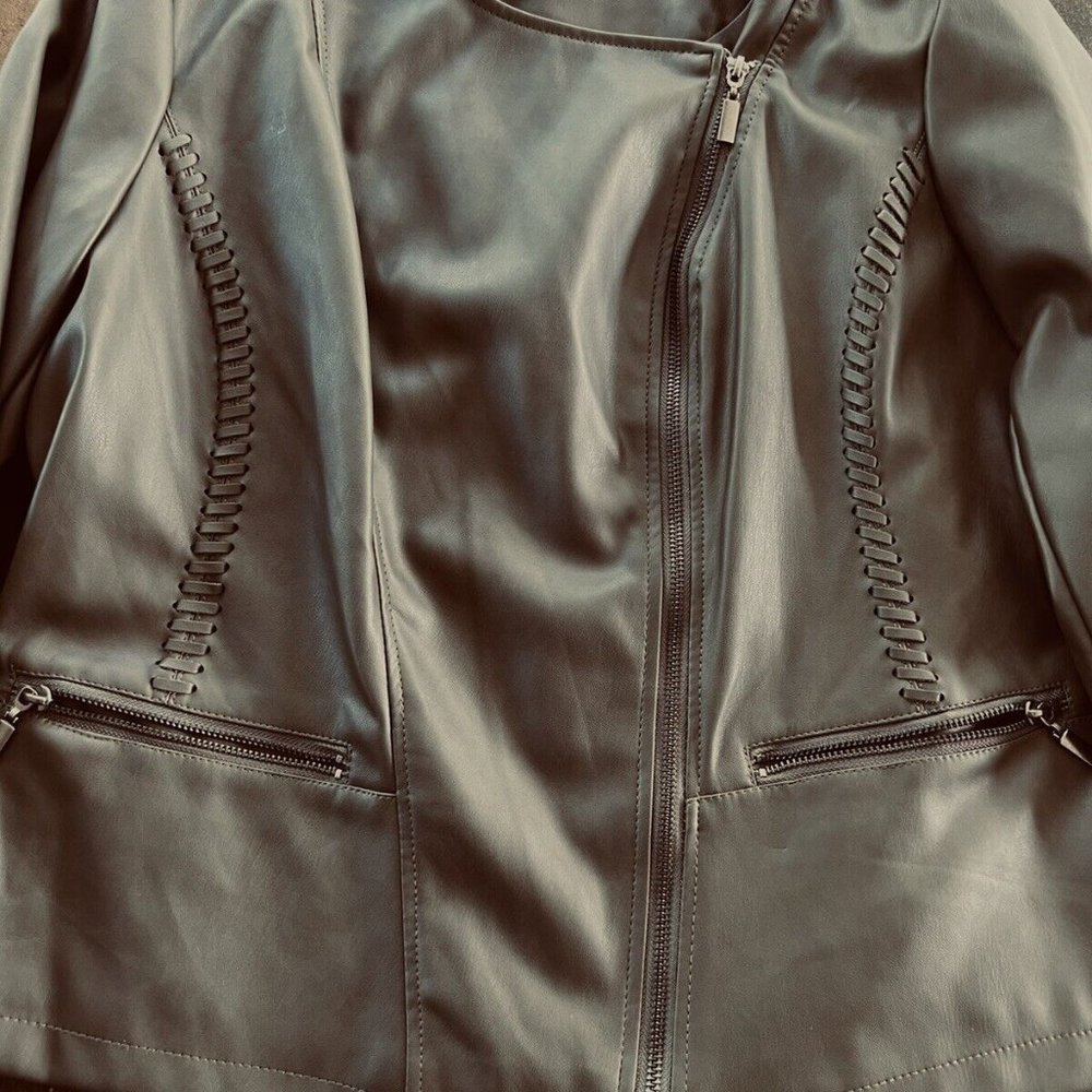 New Macy's Alfani SZ LG Olive Faux Leather Jacket Asymetric Zipper Whipstitched